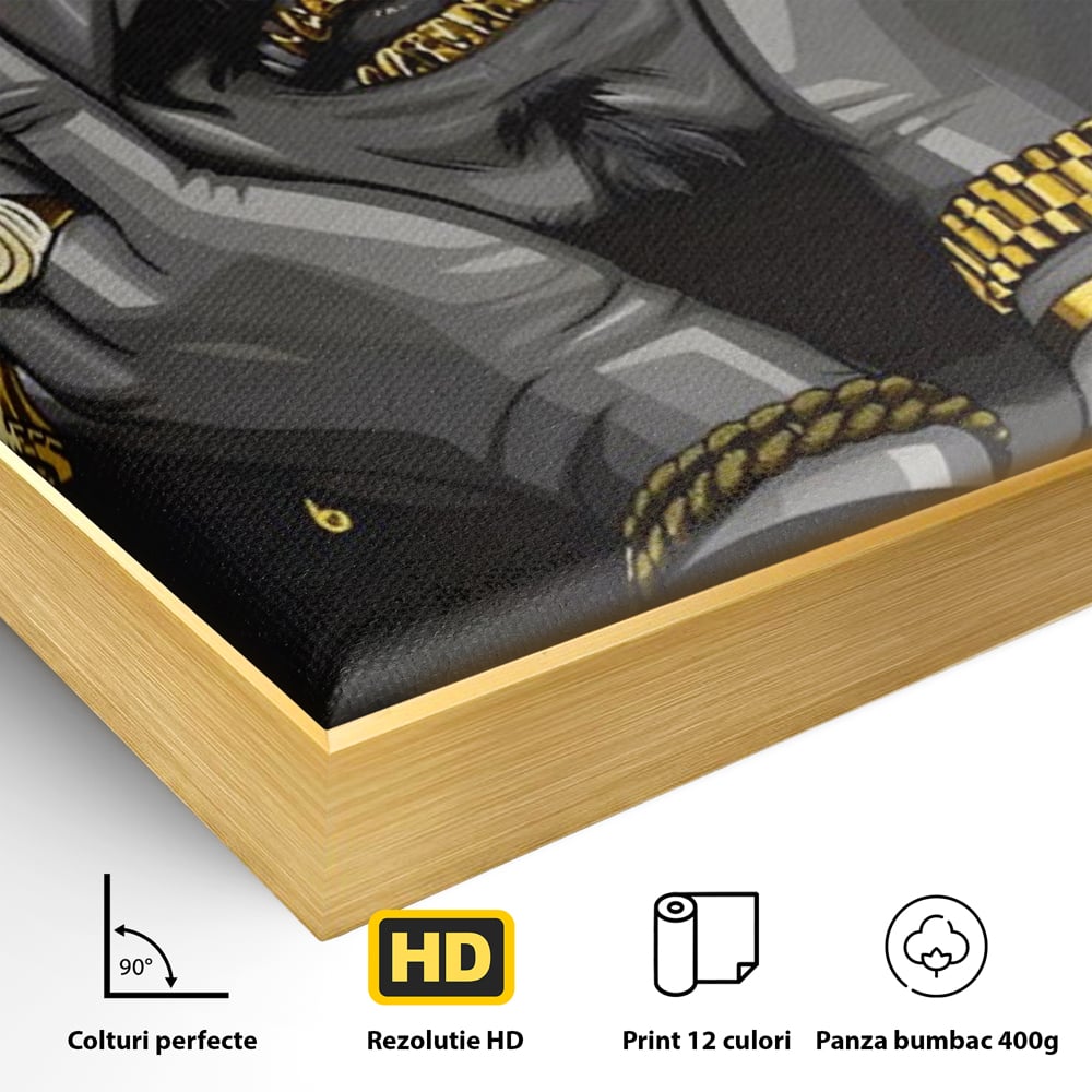 Detaliu al suprafetei: tablou canvas cu portret post malone, in rama de aluminiu auriu